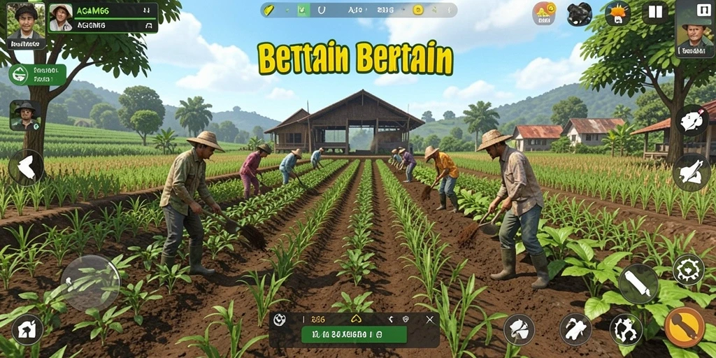Gameplay menarik AGAM66 dengan petani dan ladang yang subur.