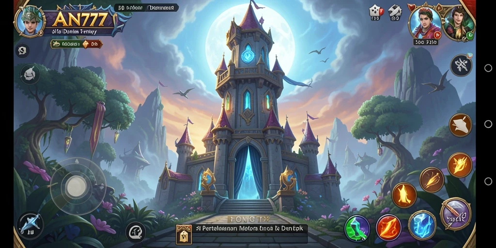 Screenshot gameplay AN777 dengan menara yang berperang melawan gelombang musuh.