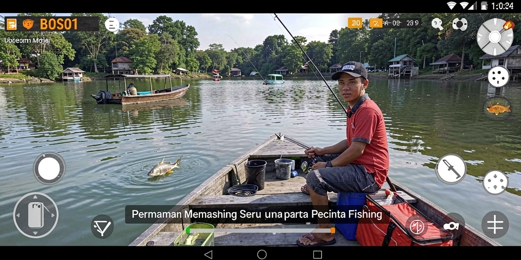 Screenshot BOS01 menampilkan pemain sedang memancing di danau yang indah.