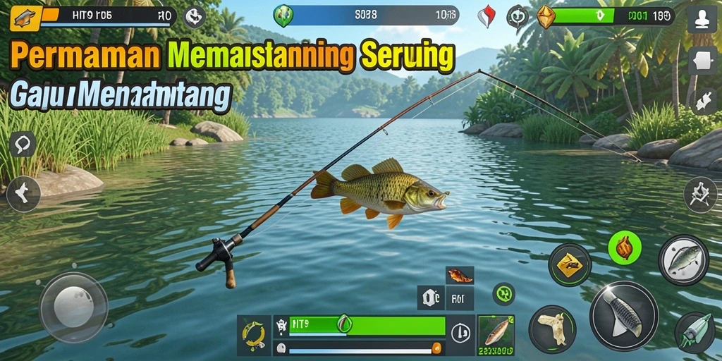 Screenshot gameplay HIT9 yang menunjukkan pemain sedang memancing di danau.