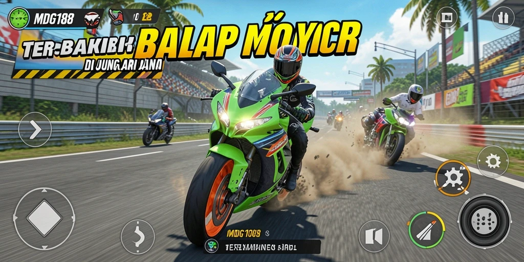 Screenshot utama MDG188 menampilkan aksi balap motor yang mendebarkan.