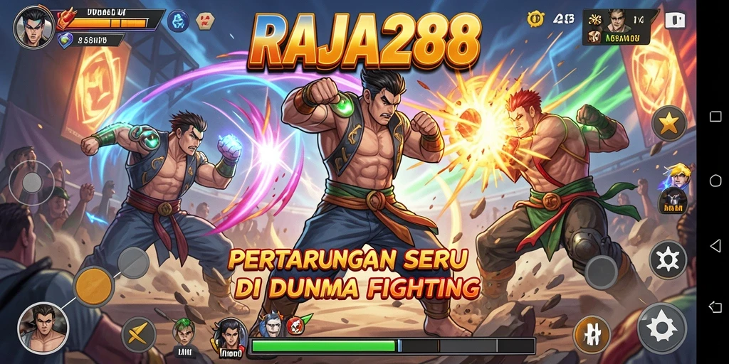 Tampilan gameplay RAJA288 menampilkan pertarungan menegangkan dan karakter unik.