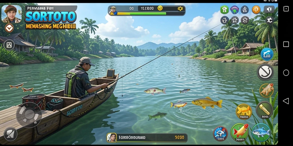 Gameplay SORTOTO menampilkan aksi memancing yang seru dan menegangkan.