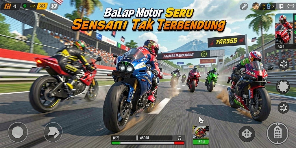 Tampilan gameplay TAR555 dengan sepeda motor balap yang cepat dan trek menantang.